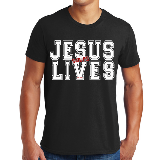 Mens Graphic T-shirt Jesus Saves Lives White Red Illustration