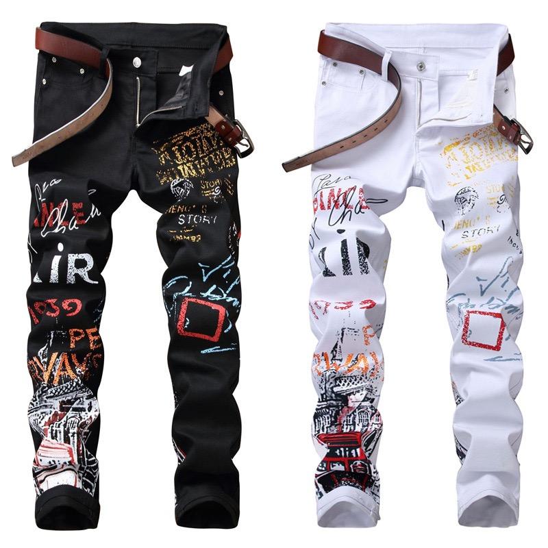 2020 autumn and winter new men's black tights white jeans printed