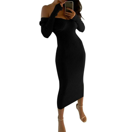 Knitted Sweater Dress Women Off Shoulder Midi Sexy Bodycon