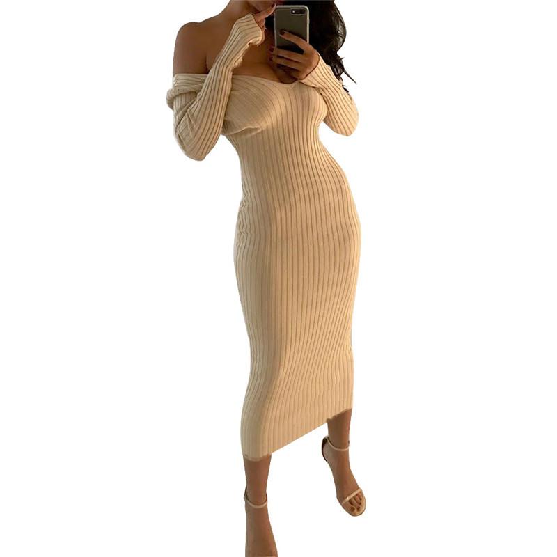 Knitted Sweater Dress Women Off Shoulder Midi Sexy Bodycon