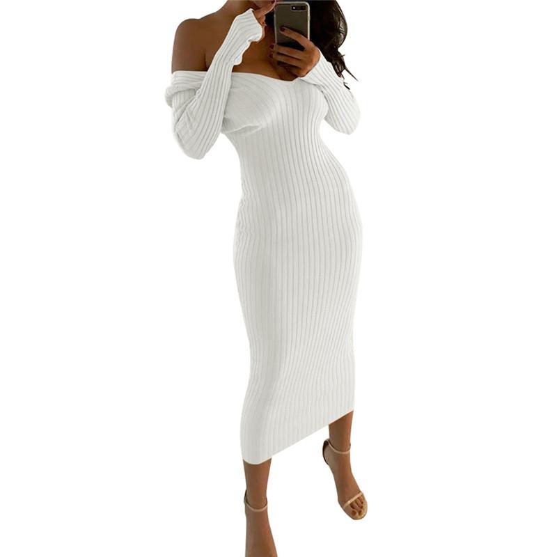 Knitted Sweater Dress Women Off Shoulder Midi Sexy Bodycon