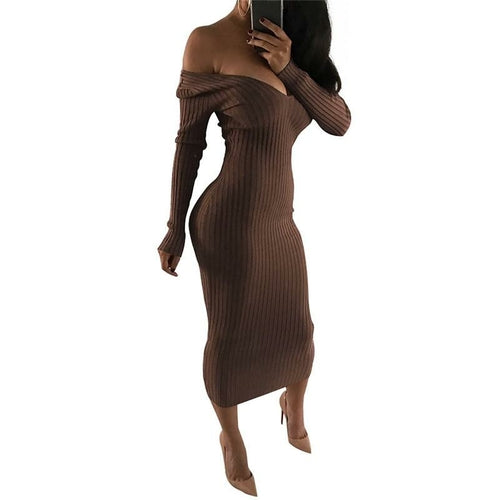 Knitted Sweater Dress Women Off Shoulder Midi Sexy Bodycon