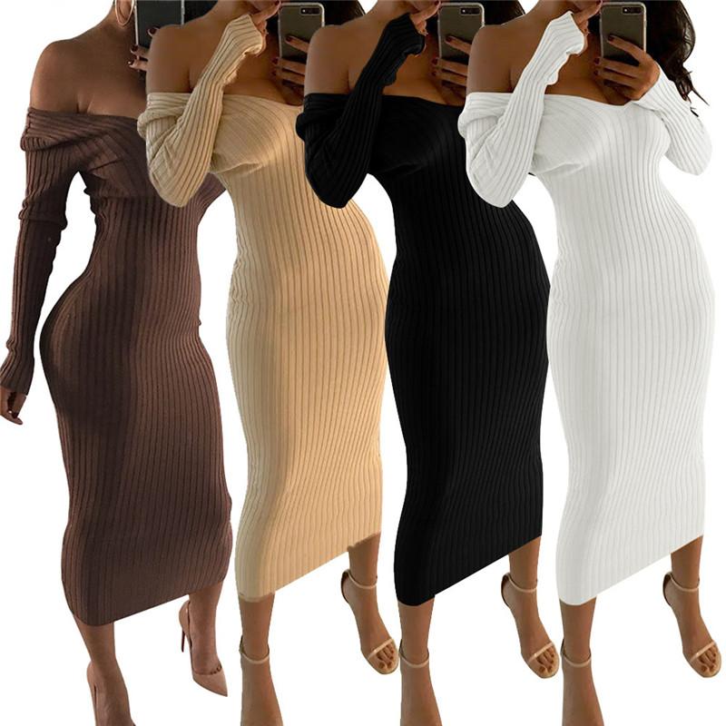 Knitted Sweater Dress Women Off Shoulder Midi Sexy Bodycon