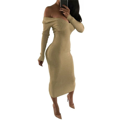 Knitted Sweater Dress Women Off Shoulder Midi Sexy Bodycon