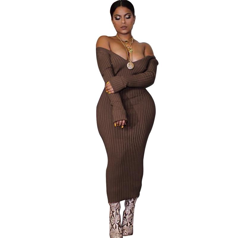 Knitted Sweater Dress Women Off Shoulder Midi Sexy Bodycon