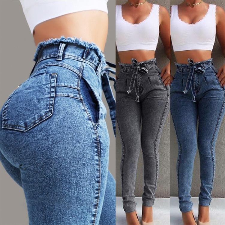 Slim stretch tassel belt high waist jeans