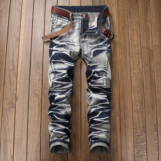 High Quality Men Casual Jeans Coated Slim Straight Pleated Biker Jeans